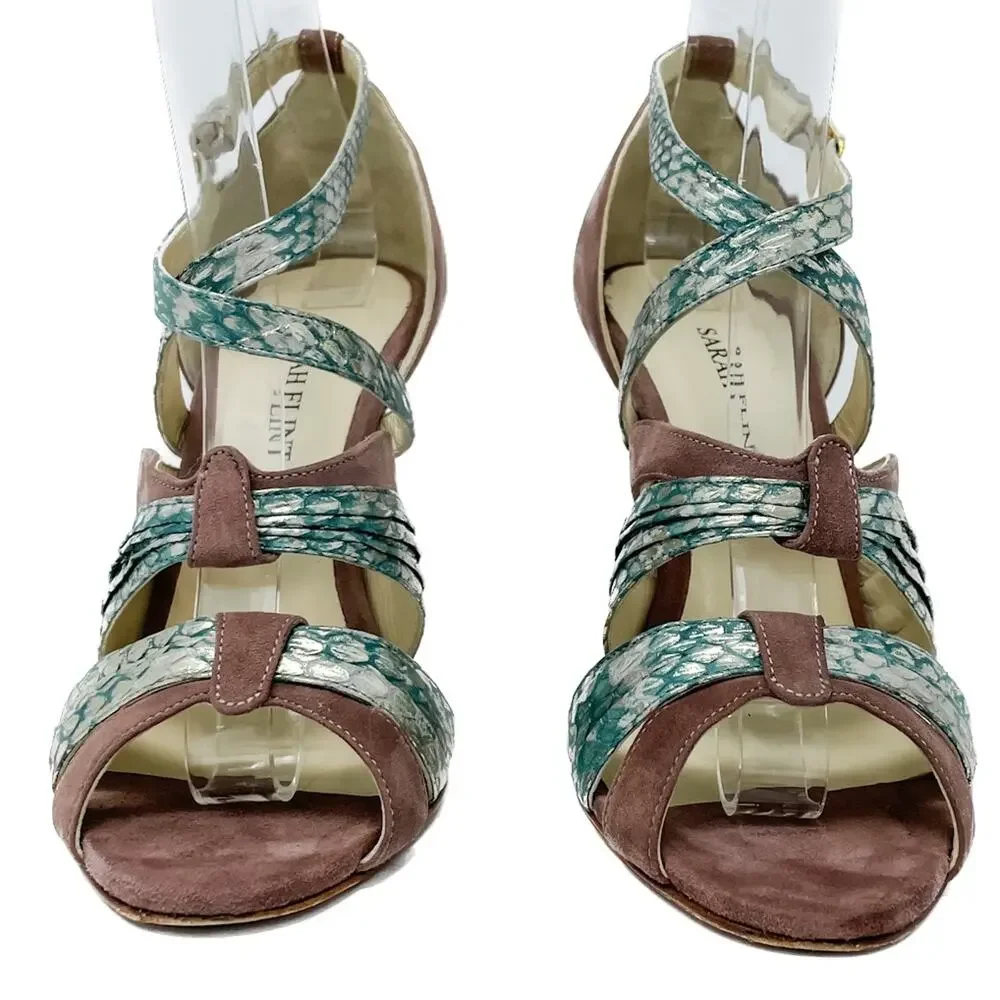 Sarah Flint Vilma Suede & Snakeskin Sandals aqua mauve gold size 37 US7
